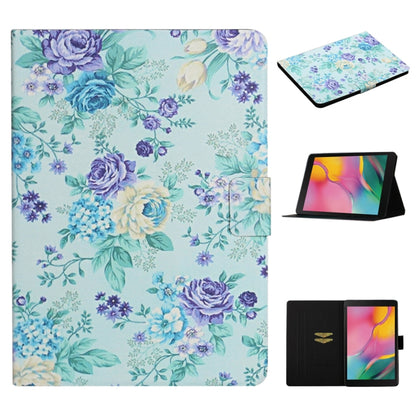 Floral leather tablet case with flip cover and card slots, light teal with purple roses