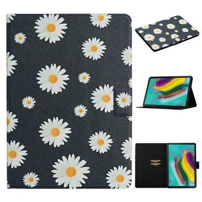 Tablet leather flip case with black background and white daisy print; card slots.