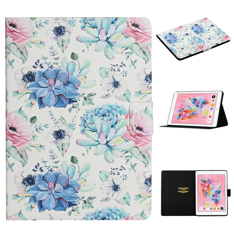 Floral tablet flip case in light fabric with blue and pink blossom print and card slot