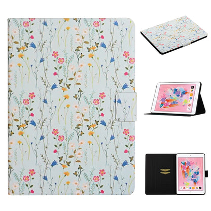 Floral tablet flip case in light fabric with wildflower stems print and card slot pocket