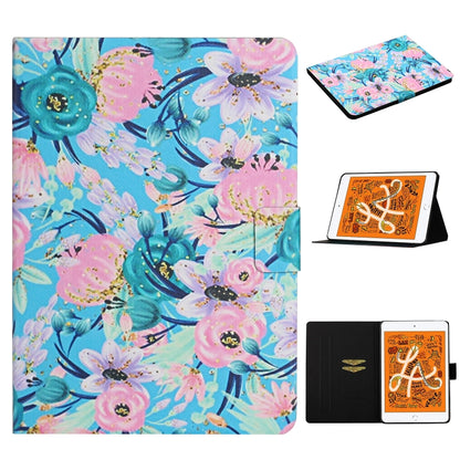 Floral leather flip case for iPad mini, blue and pink flowers, with card slots and holder