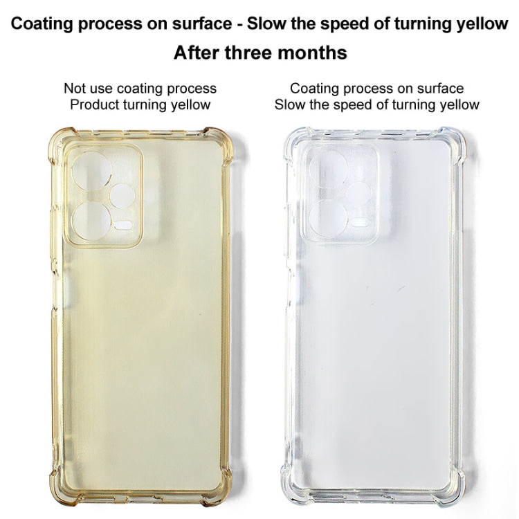 Transparent TPU phone case showing anti-yellowing coating in comparison panels