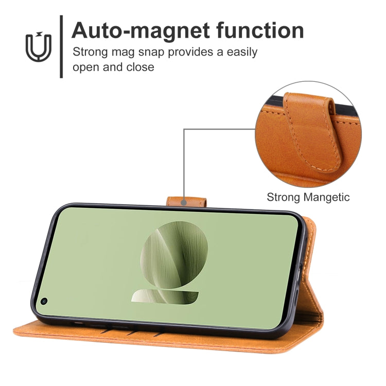 Brown leather folio phone case propped upright for viewing, with stand flap