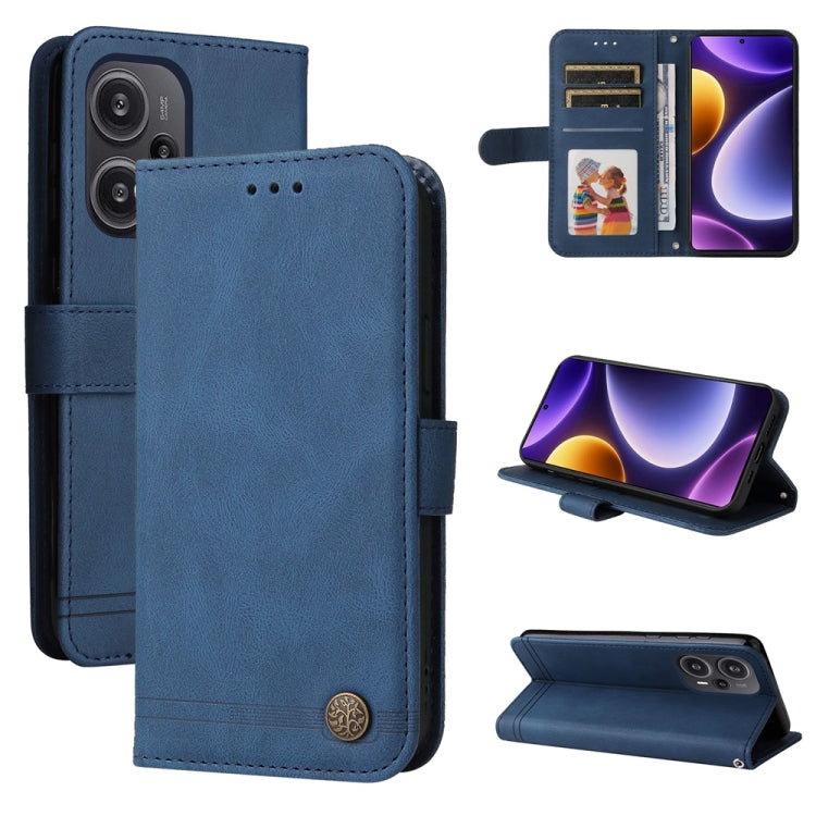 Blue leather wallet phone case with card holder and kickstand view