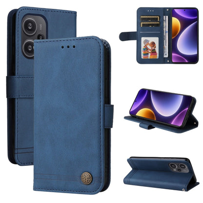 Blue leather wallet phone case with card holder and kickstand view