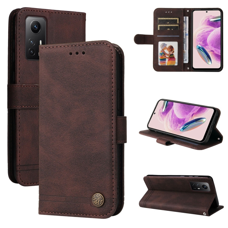 Brown leather wallet phone case with card slots and built-in stand flap.