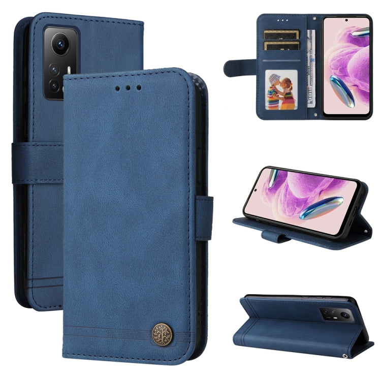 Blue leather wallet phone case with card slots and built-in stand flap.