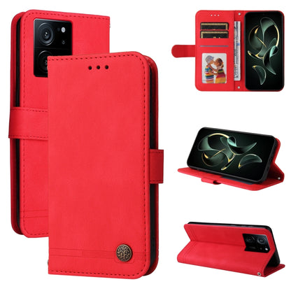 Red leather wallet phone case with card slots and magnetic stand, metal button closure.