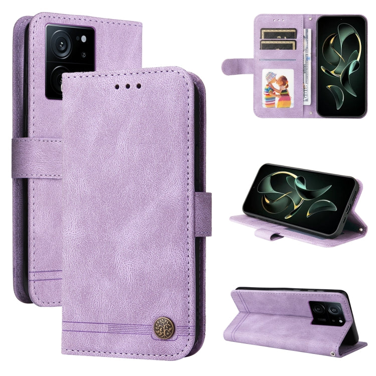 Purple leather wallet phone case with card slots and magnetic stand, metal button closure.