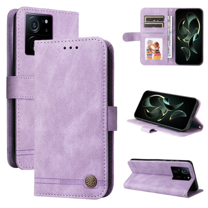 Purple leather wallet phone case with card slots and magnetic stand, metal button closure.