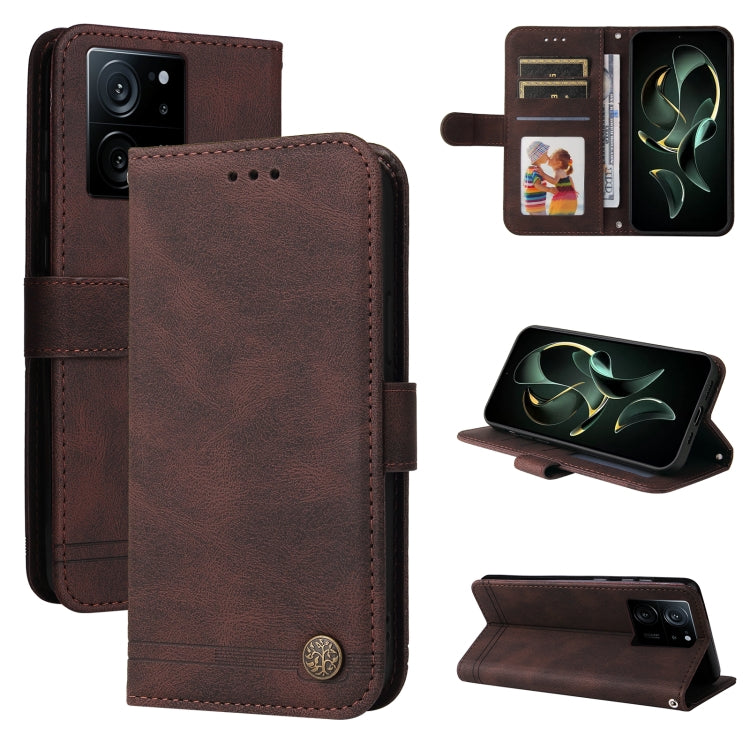 Brown leather wallet phone case with card slots and magnetic stand, metal button closure.