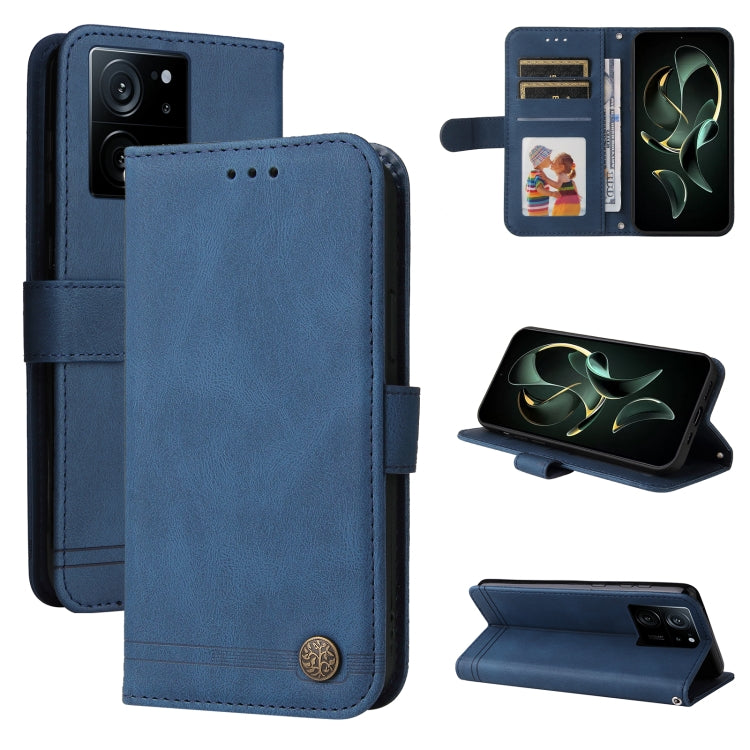 Blue leather wallet phone case with card slots and magnetic stand, metal button closure.