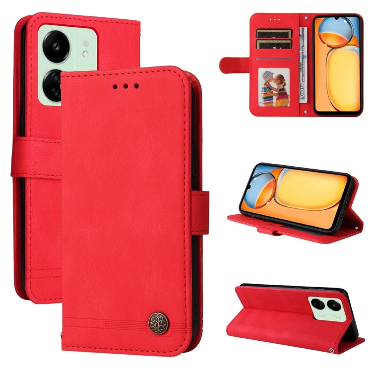Red leather wallet phone case with flip cover, card slots, and secure snap.