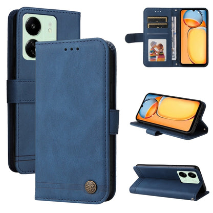 Blue leather wallet phone case with flip cover, card slots, and secure snap.