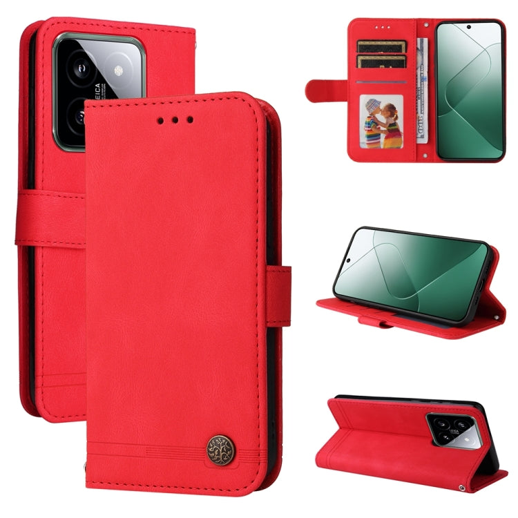 Red leather flip phone case with card slots and stand, metal button closure