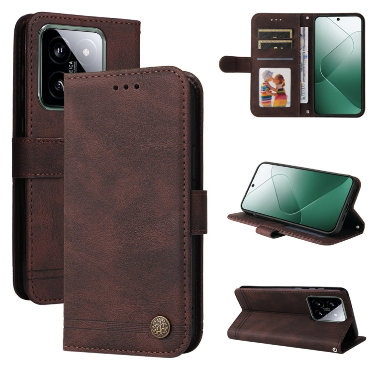 Brown leather flip phone case with card slots and stand, metal button closure