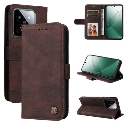Brown leather flip phone case with card slots and stand, metal button closure