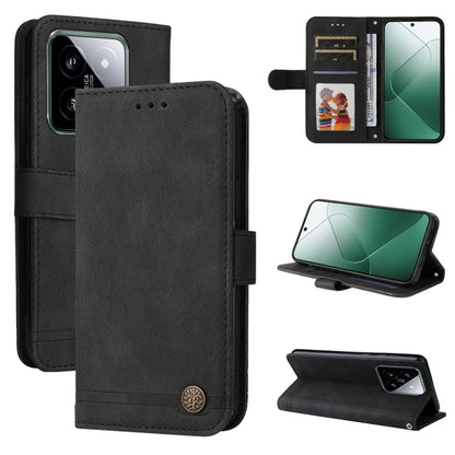 Black leather flip phone case with card slots and kickstand, metal button closure