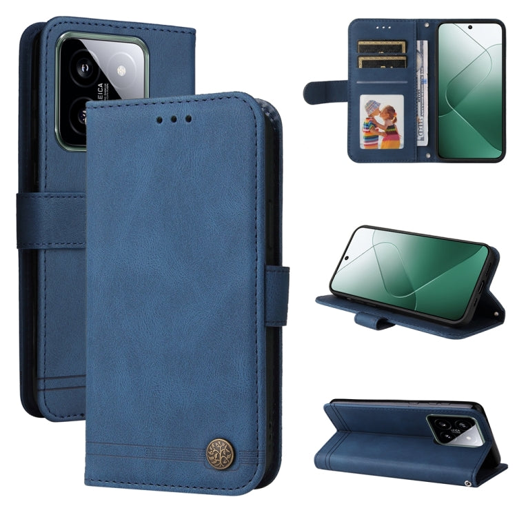 Blue leather folio phone case with card slots and kickstand, metal button closure