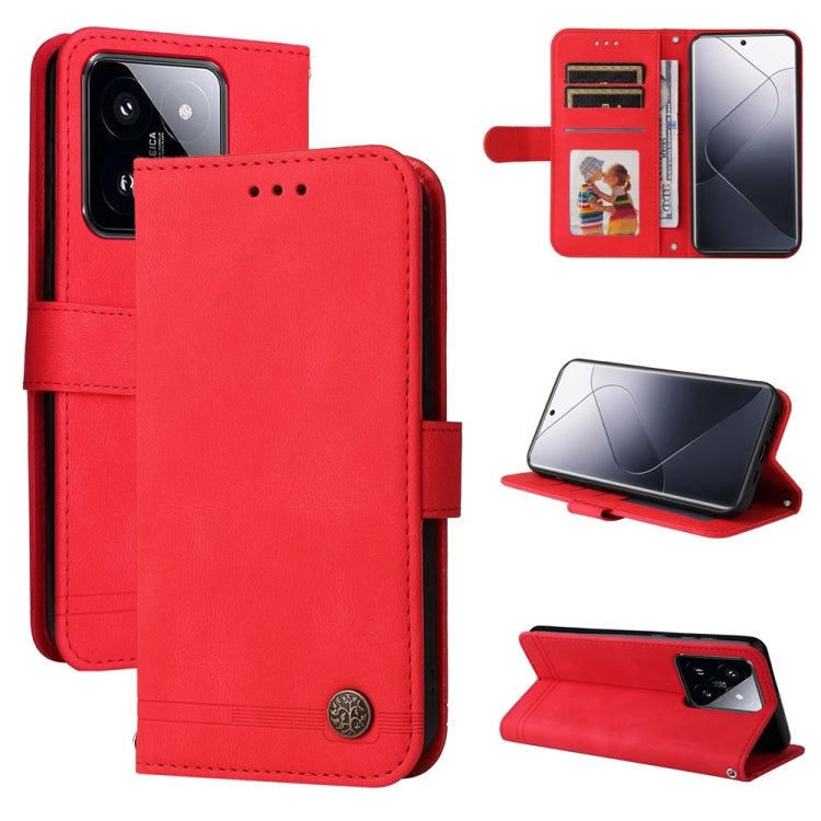 Red leather wallet phone case with flip cover, metal button, and viewing stand