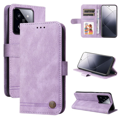 Purple leather wallet phone case with flip cover, metal button, and viewing stand