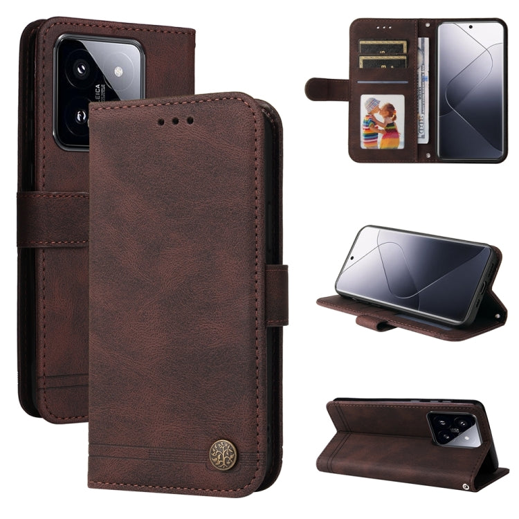 Brown leather wallet phone case with flip cover, metal button, and viewing stand