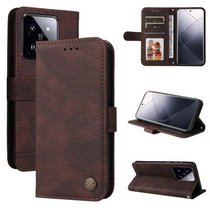 Brown leather wallet phone case with flip cover, metal button, and viewing stand
