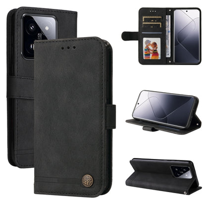 Black leather wallet phone case with flip cover, metal button, and viewing stand
