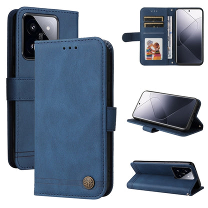Blue leather wallet phone case with flip cover, metal button, and viewing stand