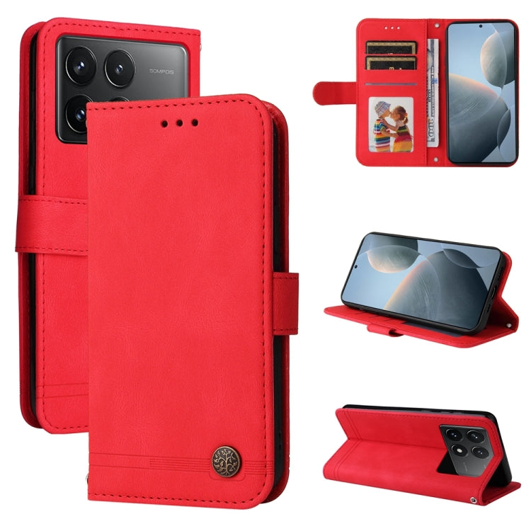 Red leather wallet phone case with magnetic flap, card slots, and kickstand for viewing.