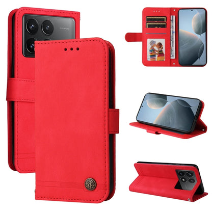 Red leather wallet phone case with magnetic flap, card slots, and kickstand for viewing.