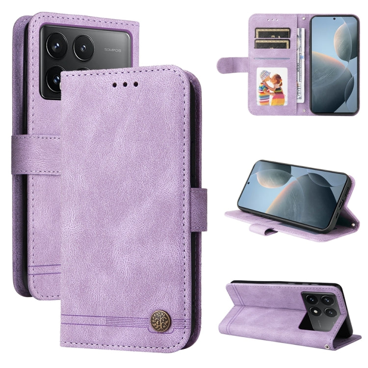 Purple leather wallet phone case with magnetic flap, card slots, and kickstand for viewing.