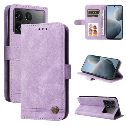 Purple leather wallet phone case with magnetic flap, card slots, and kickstand for viewing.
