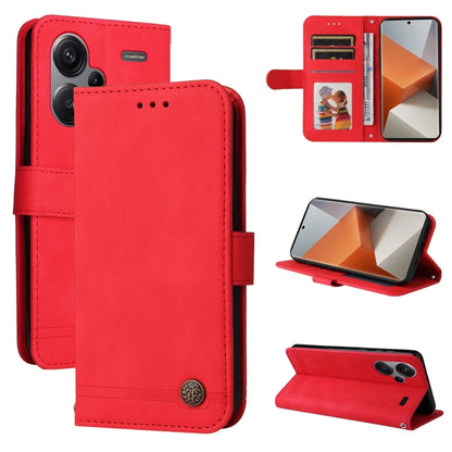 Red leather wallet phone case with flip cover and kickstand for hands-free viewing.