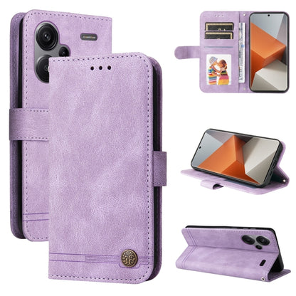 Purple leather wallet phone case with flip cover and kickstand for hands-free viewing.