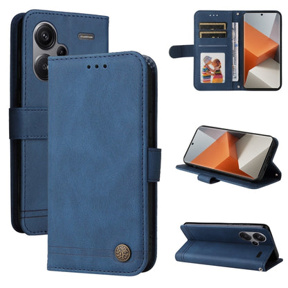 Blue leather wallet phone case with flip cover and kickstand for hands-free viewing.