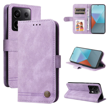 Purple leather wallet phone case with card slots and magnetic stand, metal button closure.