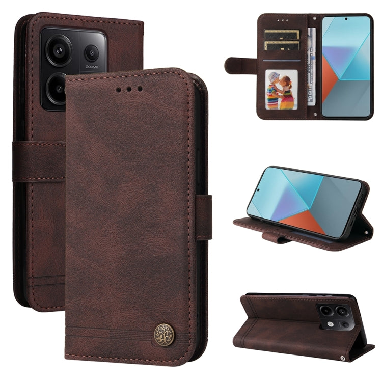 Brown leather wallet phone case with card slots and magnetic stand, metal button closure.