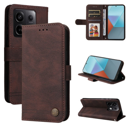Brown leather wallet phone case with card slots and magnetic stand, metal button closure.