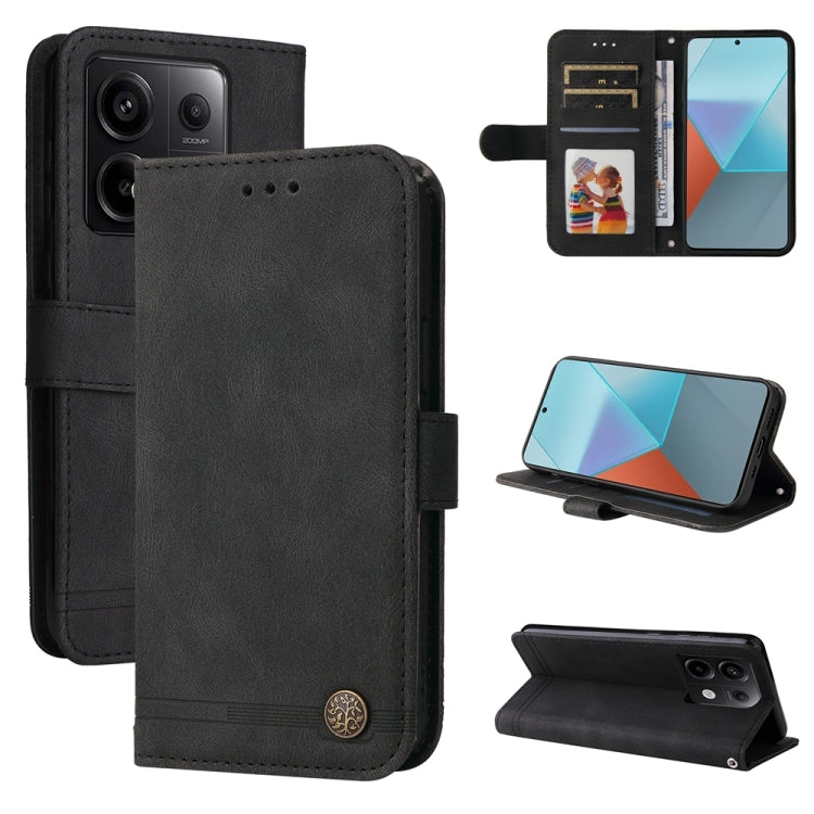 Black leather wallet phone case with card slots and magnetic stand, metal button closure.