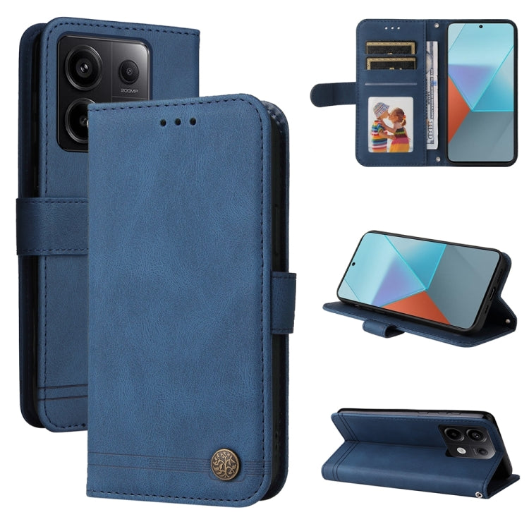 Blue leather wallet phone case with card slots and magnetic stand, metal button closure.