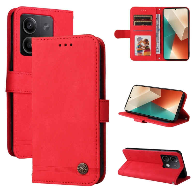 Red leather wallet phone case with card window and kickstand, metal button closure