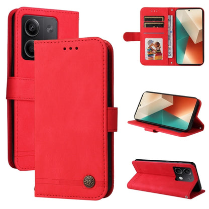 Red leather wallet phone case with card window and kickstand, metal button closure