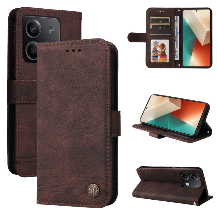 Dark brown leather folio phone case with card window and kickstand, metal button closure