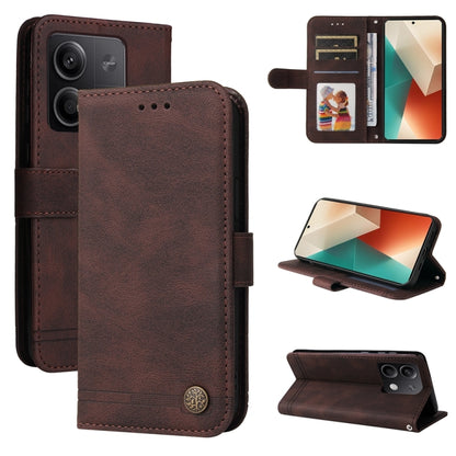 Dark brown leather folio phone case with card window and kickstand, metal button closure