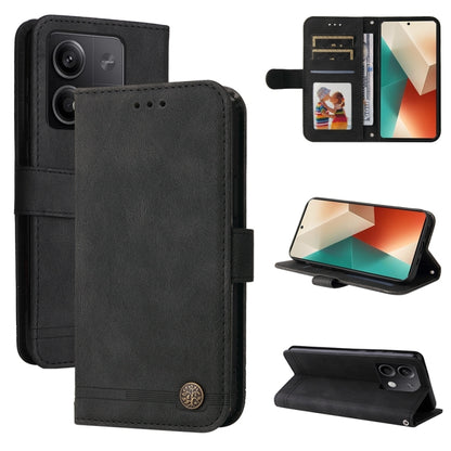 Charcoal black leather flip phone case with card slots and kickstand, metal button closure