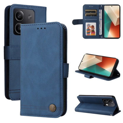 Blue leather flip phone case with card slots and kickstand, metal button closure
