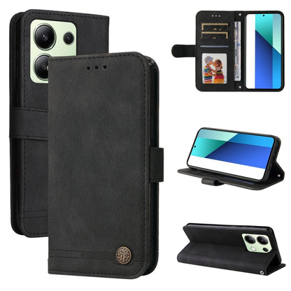 Black leather wallet phone case with magnetic flap, card slots, and kickstand for viewing.