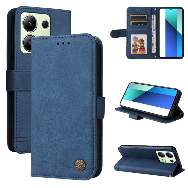 Blue leather wallet phone case with magnetic flap, card slots, and kickstand for viewing.