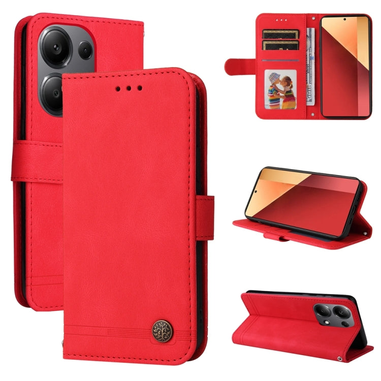 Red leather phone case with card slots and metal button, includes kickstand cover.